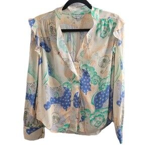 Catherine Gee Silk Blouse S Daria French Cuff Siena Print Button Front